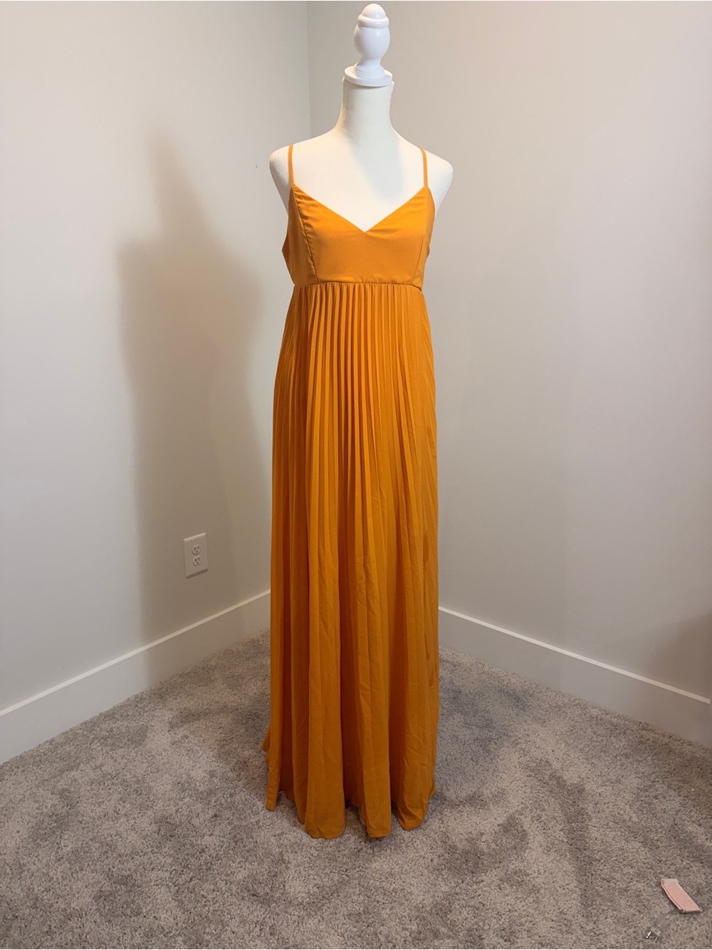 Express Spaghetti Strap Pleated Maxi Dress in Mustard Yellow